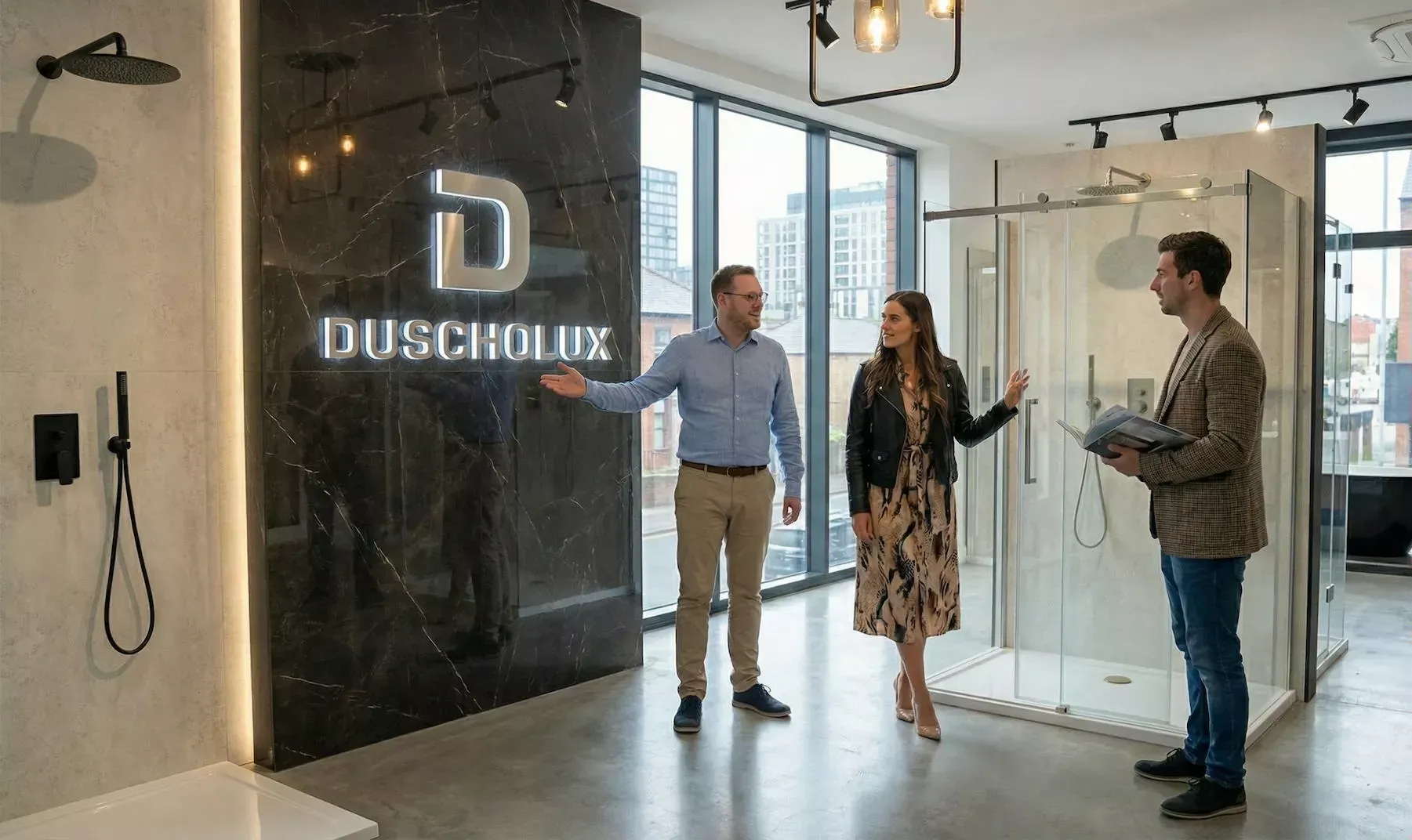 Mampara Duscholux de alta gama instalada en baño premium en Madrid