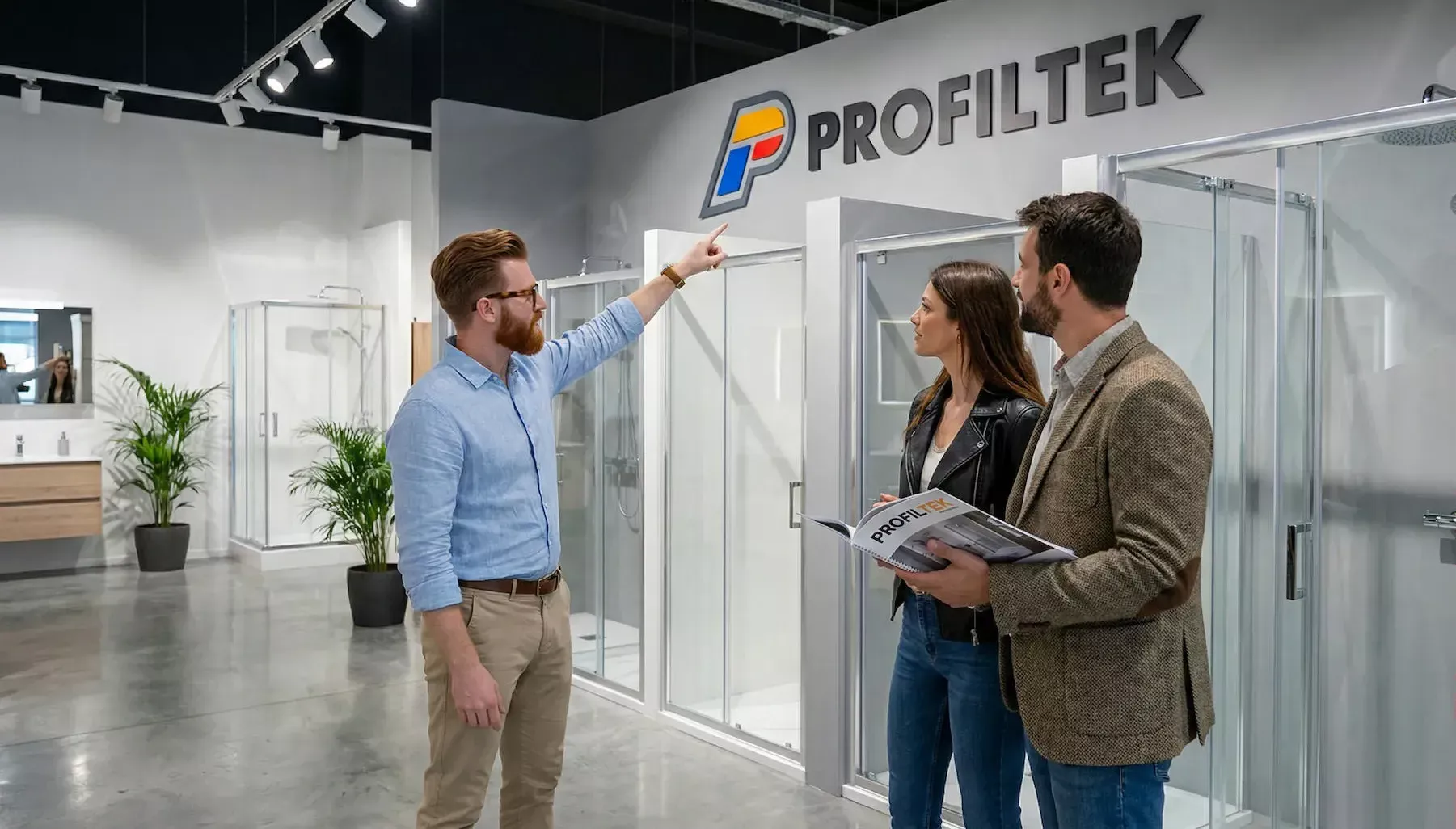 Mampara Profiltek a medida instalada en baño de diseño en Madrid